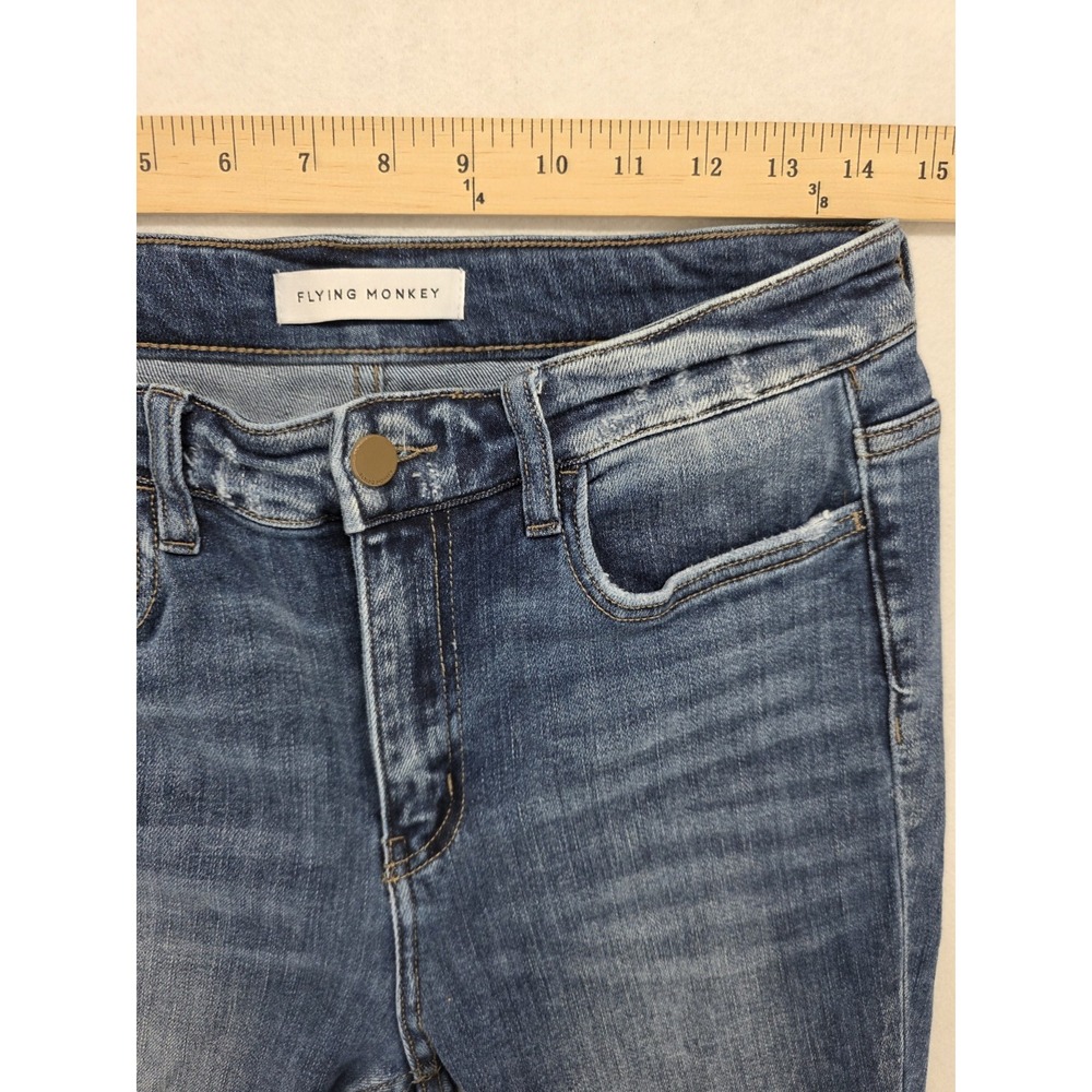 Flying Monkey Jeans Womens 29x32 High Rise Super Flare Blue Distressed Raw Hem - Picture 2 of 11